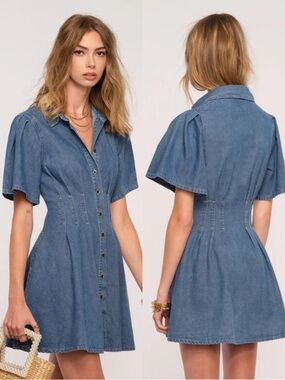 Heartloom Denim Mini Dress XS Button Front Flutter Sleeve  Fit & Flare Summer